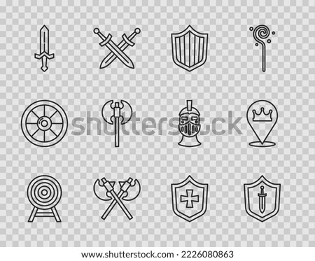 Set line Target with arrow, Medieval shield sword, Shield, Crossed medieval axes,  and Location king crown icon. Vector