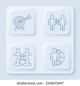 Set line Target with arrow, Project team base, Project team base and Globe and people. White square button. Vector