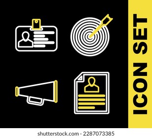 Set line Target with arrow, Resume, Megaphone and Identification badge icon. Vector