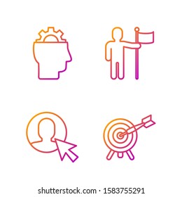 Set line Target with arrow, User of man in business suit, Human with gear inside and Man holding flag. Gradient color icons. Vector