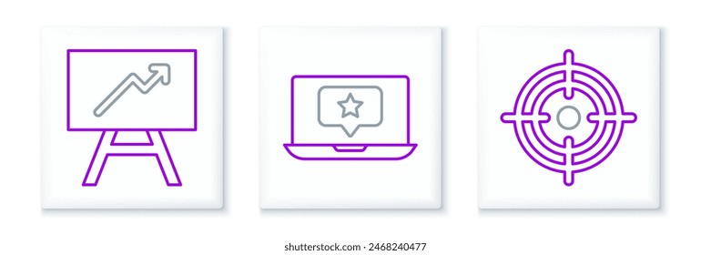 Set line Target, Board with graph chart and Laptop star icon. Vector