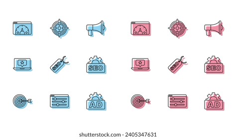 Set line Target, Browser setting, Website statistic, Advertising, SEO optimization, Laptop with star and  icon. Vector