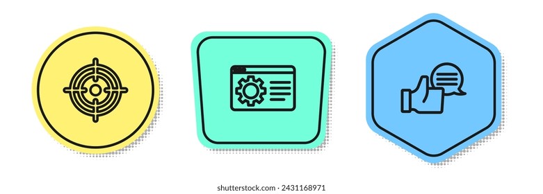 Set line Target, Browser setting and Customer product rating. Colored shapes. Vector