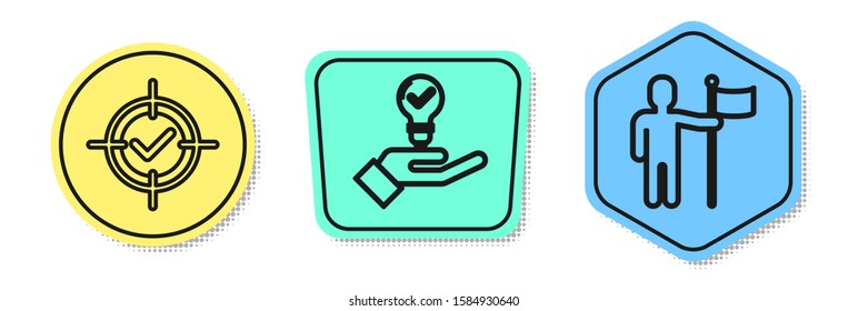 Set line Target and check mark, Light bulb in hand and Man holding flag. Colored shapes. Vector