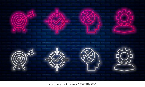 Set line Target and check mark, Human head puzzles strategy, Target with arrow and Human with gear inside. Glowing neon icon on brick wall. Vector