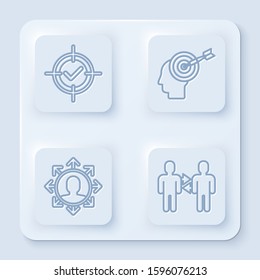 Set line Target and check mark, Head hunting concept, Project team base and Project team base. White square button. Vector