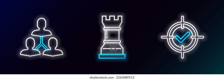 Set line Target and check mark, Project team base and Business strategy icon. Glowing neon. Vector