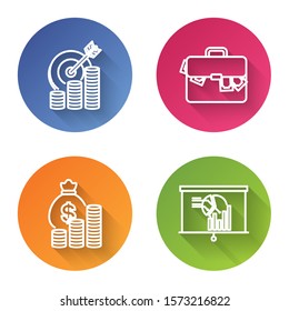 Set line Target with coin symbol, Briefcase and money, Money bag and coin and Board with graph chart. Color circle button. Vector