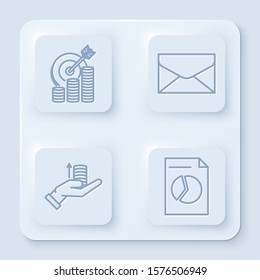 Set line Target with coin symbol, Envelope, Money on hand and Document with graph chart. White square button. Vector
