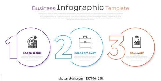 Set line Target with coin symbol, Briefcase and Clipboard with graph chart. Business infographic template. Vector