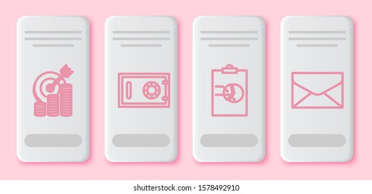 Set line Target with coin symbol, Safe, Clipboard with graph chart and Envelope. White rectangle button. Vector
