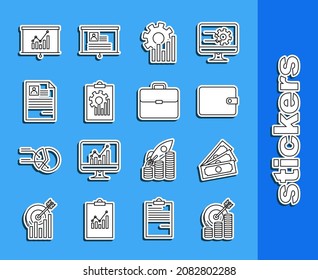 Set line Target with coin symbol, Stacks paper money cash, Wallet, Pie chart infographic, Clipboard, Resume, Board and Briefcase icon. Vector