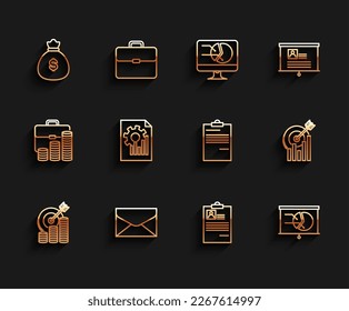 Establecer línea Destino con símbolo de moneda, Sobre, Bolsa de dinero, Reanudación del Portapapeles, Gráfico gráfico de gráficos de la placa, Documento e icono. Vector