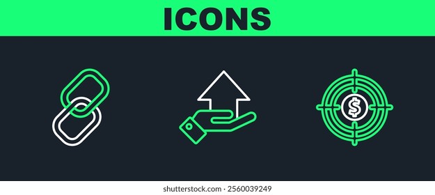 Set line Target with dollar, Chain link and Money on hand icon. Vector