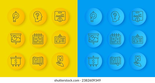 Set line Target with dollar, Chalkboard chart, Calendar, Light bulb, Identification badge, Whistle, Key performance indicator and Head question mark icon. Vector