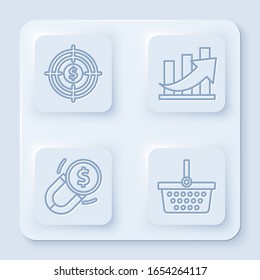 Setzen Sie Ihr Ziel mit Dollar, Finanzwachstum und Münze, Magnet mit Geld und Warenkorb. Weißer Quadrat-Knopf. Vektorillustration
