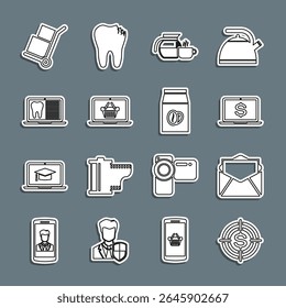 Set line Target with dollar, Mail and e-mail, Laptop, Coffee pot cup, Shopping basket on laptop, dental card, Hand truck boxes and beans bag icon. Vector