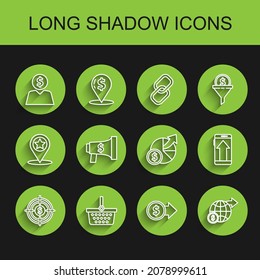 Fijar la línea Destino con dólar, cesta de compras, mente de planificación del hombre de negocios, símbolo de moneda, globo terrestre, megáfono y, Smartphone, móvil y icono del gráfico de diagrama de dinero. Vector