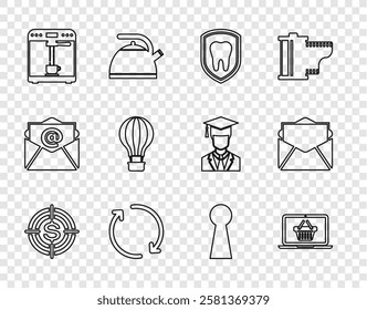 Set line Target with dollar, Shopping basket on laptop, Dental protection, Refresh, Coffee machine and cup, Hot air balloon, Keyhole and Mail e-mail icon. Vector