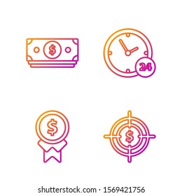 Set line Target with dollar symbol, Reward for good work, Stacks paper money cash and Clock 24 hours. Gradient color icons. Vector