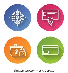 Set line Target with dollar symbol, Certificate template, Closed wallet with lock and Envelope. Color circle button. Vector