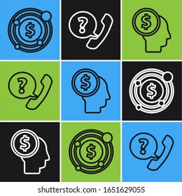 Set line Target with dollar symbol, Business man planning mind and Telephone handset and speech bubble chat icon. Vector
