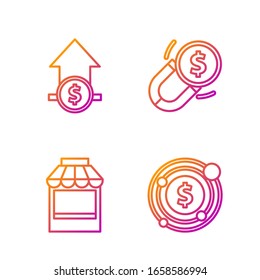 Setzen Sie die Linie Ziel mit Dollar Symbol, Einkaufen-Gebäude oder Markt-Store, Finanzwachstum und Münze und Magnet mit Geld. Farbsymbole. Vektorillustration
