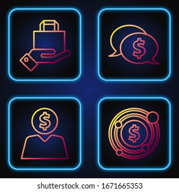 Set line Target with dollar symbol, Business man planning mind, Hand and paper shopping bag and Speech bubble with dollar. Gradient color icons. Vector