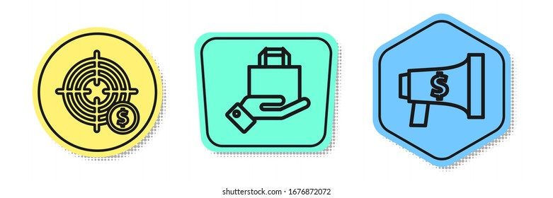 Fije la línea Target con el símbolo del dólar, la bolsa de compra de papel y mano y Megáfono y dólar. Formas coloreadas. Vector