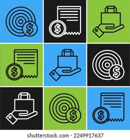 Set line Target with dollar symbol, Hand and paper shopping bag and Paper check and financial check icon. Vector