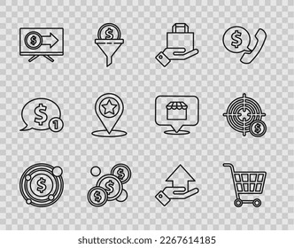 Fijar línea Destino con símbolo en dólares, carrito de compras, bolsa de compras de mano y papel, Moneda de moneda, Monitor, Estrella de puntero de mapa, Mano de dinero e icono. Vector