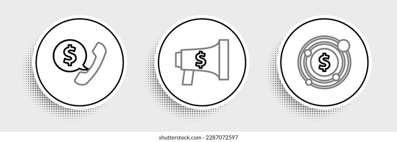 Set line Target with dollar symbol, Telephone handset and speech bubble chat and Megaphone icon. Vector