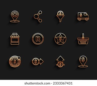Set line Target with dollar symbol, Coin money, Map pointer star, Financial growth and coin, Cash location pin, Registered Trademark, Shopping basket and Star icon. Vector