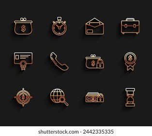 Objetivo con símbolo de dólar, globo de lupa, billetera, candado de dinero, arena fluida de reloj de arena viejo, auricular de teléfono, recompensa por el buen trabajo e icono de billetera cerrada. Vector