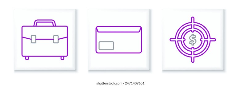 Legen Sie ein Linienziel mit Dollarsymbol, Aktenkoffer und Umschlagsymbol fest. Vektorgrafik