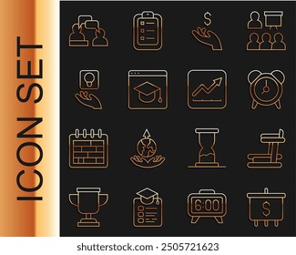 Set line Target with dollar, Treadmill machine, Alarm clock, Hand holding coin money, Online education, Light bulb, Two sitting men talking and Financial growth increase icon. Vector