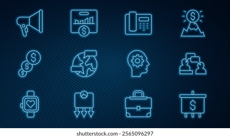 Set line Target with dollar, Two sitting men talking, Telephone 24 hours support, Worldwide, Financial growth and, Megaphone, Human head gear inside and Key performance indicator icon. Vector