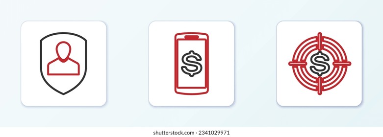 Establece la línea Destino con el dólar, la protección del usuario y el icono Smartphone. Vector