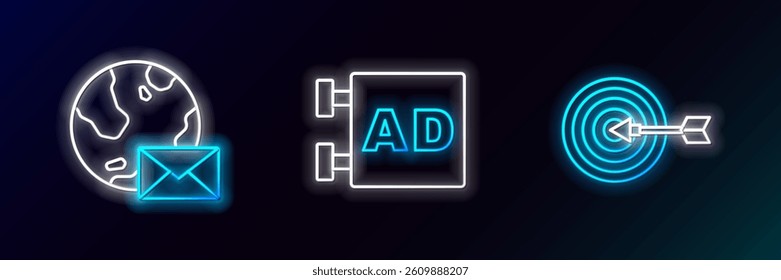 Set line Target, Earth globe with mail and Advertising icon. Glowing neon. Vector