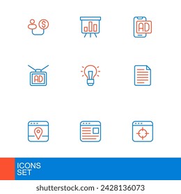 Set line Target financial goal, Advertising, Infographic of city map, File document, Light bulb,  and Board with chart icon. Vector