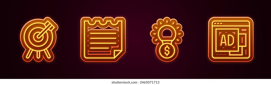 Set line Target financial goal, Notebook, Light bulb with dollar and Advertising. Glowing neon icon. Vector