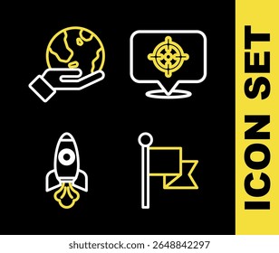 Set line Target, Flag, Rocket ship and Hand holding Earth globe icon. Vector
