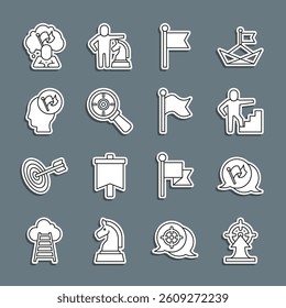 Set line Target, Flag, Stair with finish flag, magnifying glass, Hand holding, Man and  icon. Vector