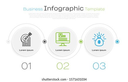 Set line Target with graph chart, Computer monitor with resume and Money bag. Business infographic template. Vector