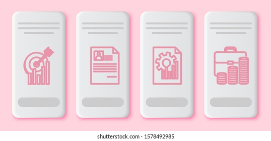 Set line Target with graph chart, Resume, Document with graph chart and Briefcase and coin. White rectangle button. Vector