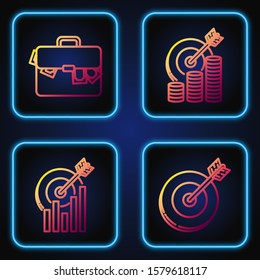 Set line Target, Target with graph chart, Briefcase and money and Target with coin symbol. Gradient color icons. Vector