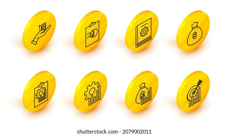 Set line Target with graph chart, Money bag and diagram, Pie infographic, Clipboard, User manual,  and hand icon. Vector