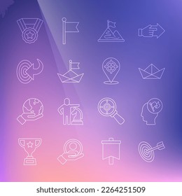 Set line Target, Hand holding flag, Folded paper boat, Mountains with, Medal and  icon. Vector