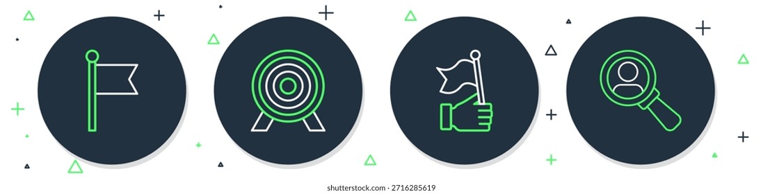Establecer objetivo de línea, bandera de mano, bandera y lupa para el icono de búsqueda. Vector