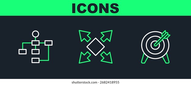 Set line Target, Hierarchy organogram chart and Many ways directional arrow icon. Vector